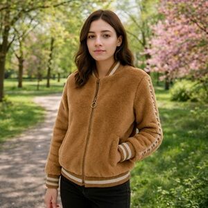 MOTHER Letterman Faux Fur Bomber Jacket – Camel | Size M